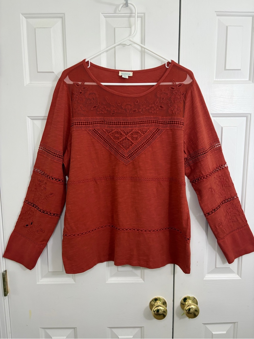 Sundance Rust Red Embroidered Lace Detail Cotton Bohemian Long Sleeve Top XL